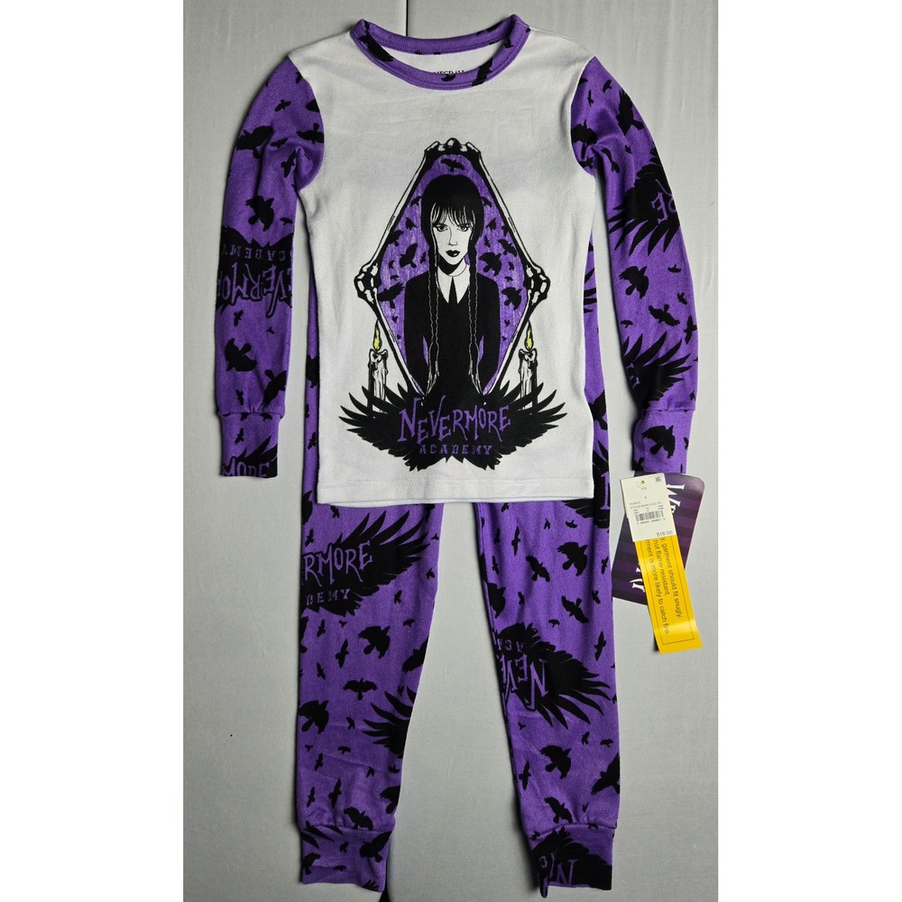 Wednesday Addams Nevermore Academy Pajama Set Kids Size 4 Purple Raven NWT